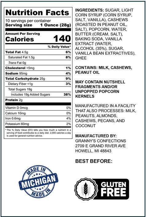 Caramel Popcorn Cashew Popcorn Fusion Nutritional Information