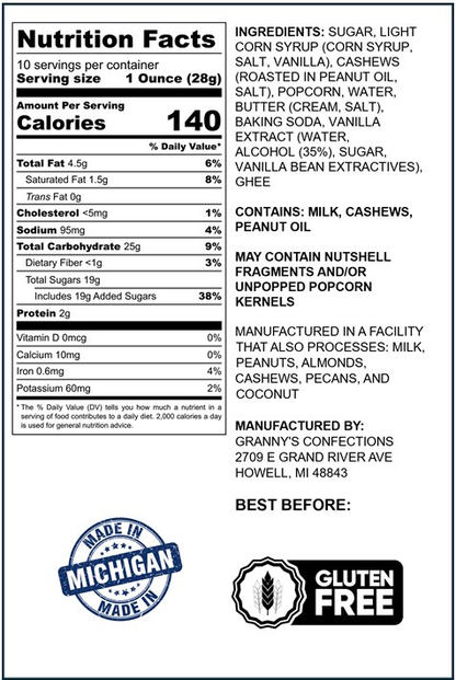 Caramel Popcorn Cashew Popcorn Fusion Nutritional Information