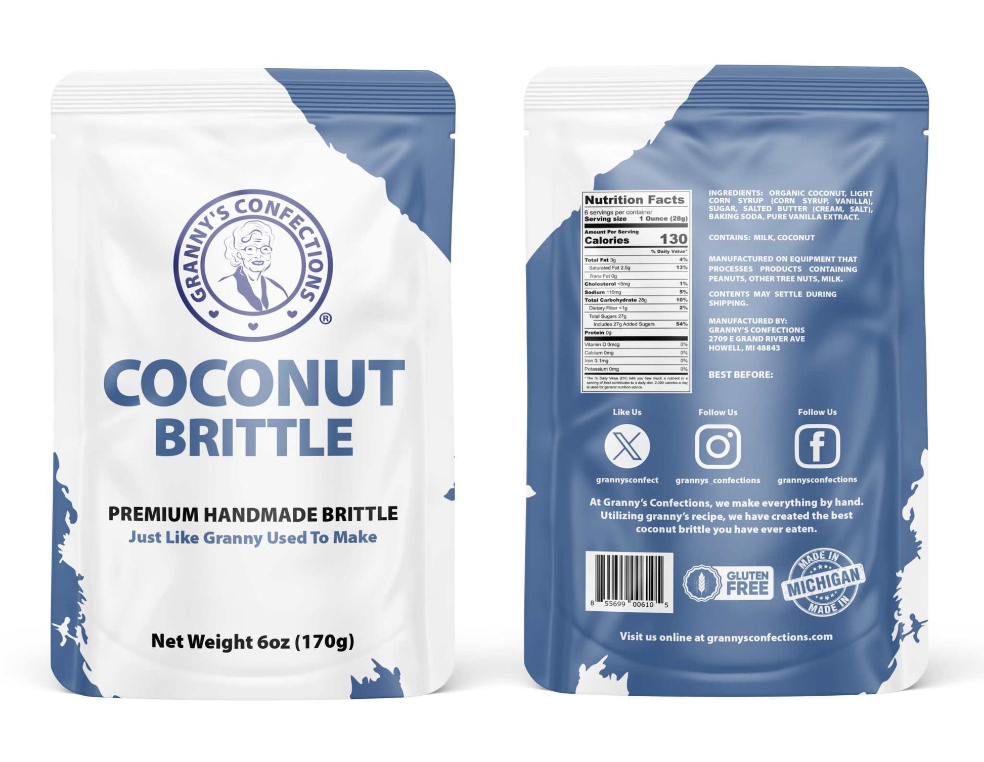 Coconut Brittle Handmade with Organic Coconut by Granny's Confections.  Made in Michigan