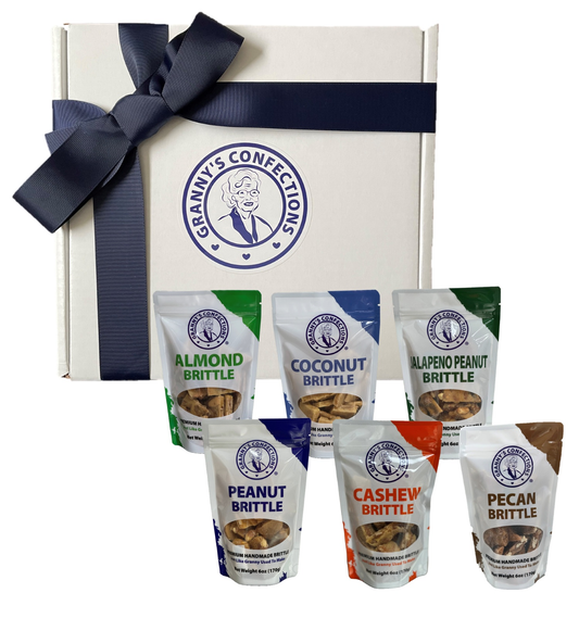 Corporate Gifting Granny's Confections Sampler Brittle Box Peanut Brittle, Cashew Brittle, Pecan Brittle, Jalapeno Brittle, Almond Brittle, Coconut Brittle