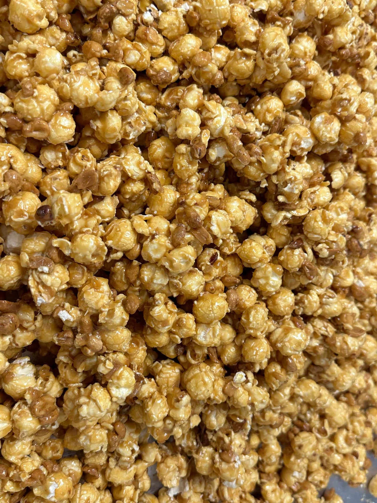 Caramel Popcorn Peanut Popcorn Fusion Combining Air Popped Popcorn and Granny's Confections Famous Handmade Peanut Brittle