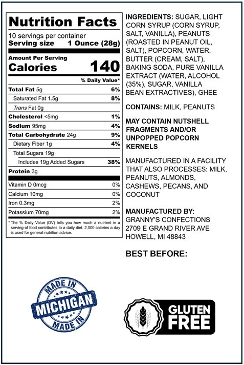 Caramel Popcorn Peanut Popcorn Fusion Combining Air Popped Popcorn and Granny's Confections Famous Handmade Peanut Brittle