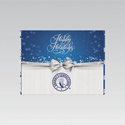 12x9 Blue Happy Holidays Bow Box with Blue & White Shredded Paper