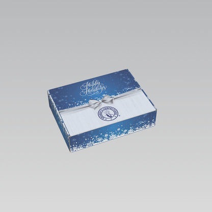 12x9 Blue Happy Holidays Bow Box with Blue & White Shredded Paper